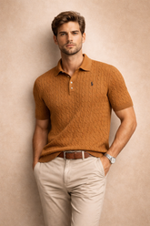 RL PREMIUM COTTON CABEL-KNIT BTN POLO MUSTARD BROWN