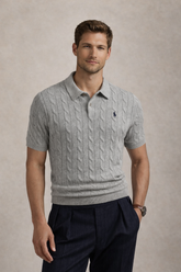RL PREMIUM COTTON CABEL-KNIT BTN POLO HEATHER-GREY