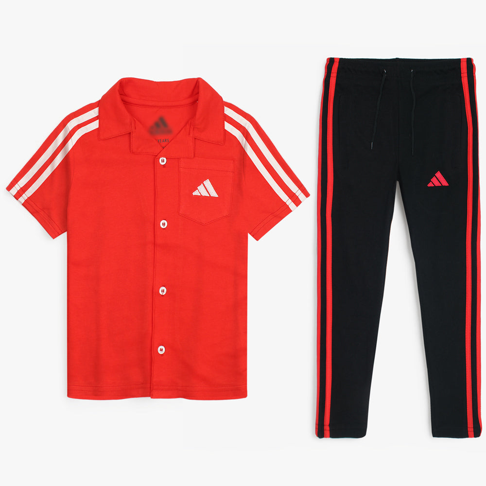 ADS KIDS PREMIUM COTTON 3 STRIPES CASUAL TWINSET RED-BLACK