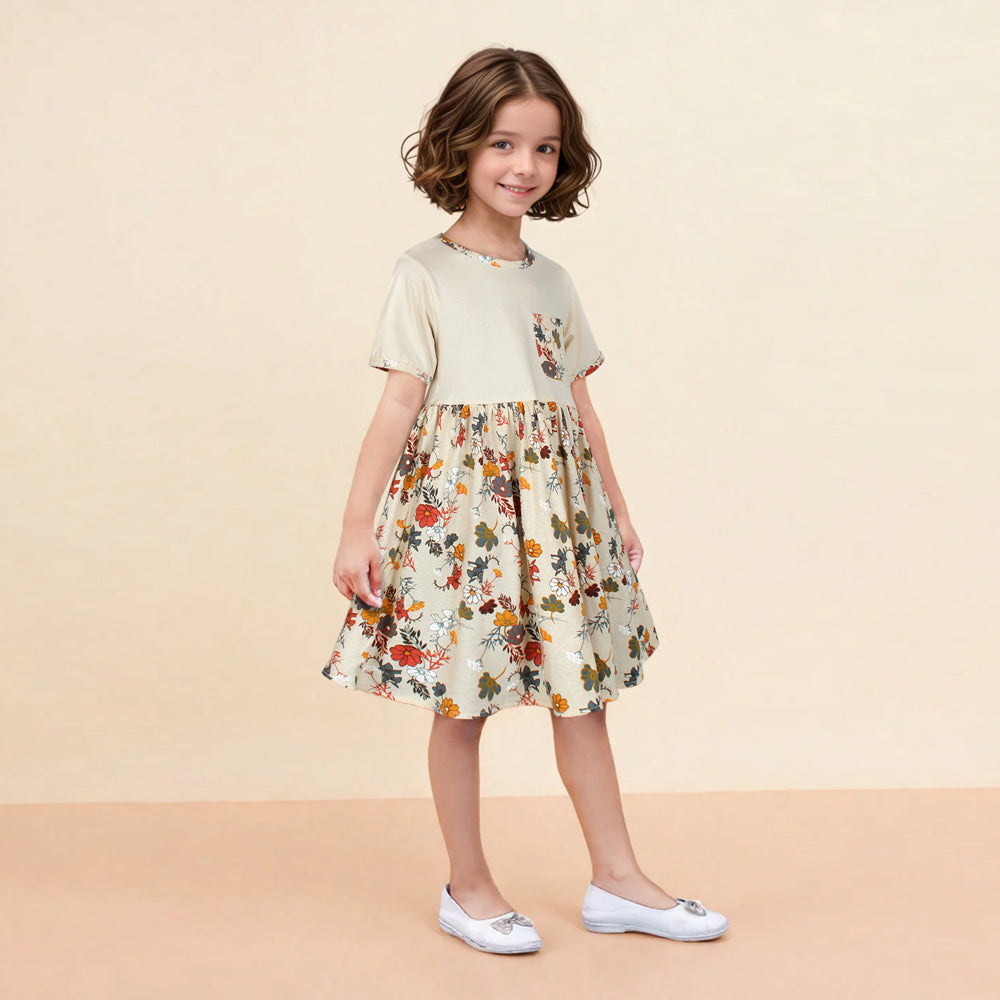 ZRA PREMIUM GIRLS FLORAL PALE BROWN FROCK