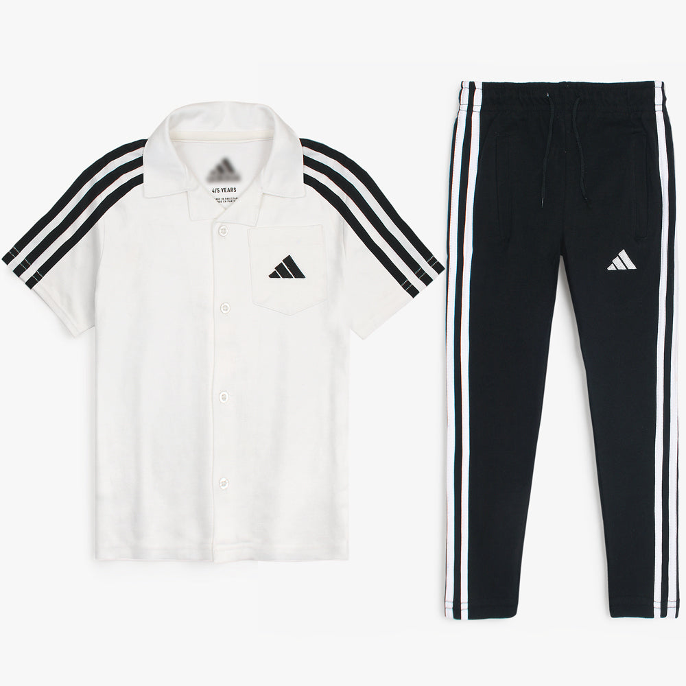 ADS KIDS PREMIUM COTTON 3 STRIPES CASUAL TWINSET WHITE-BLACK