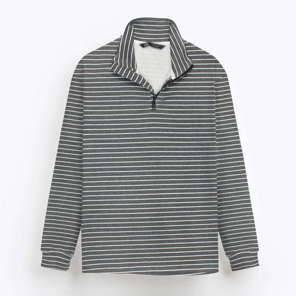 ZRA MEN STRIPED QUATER ZIPPER GREY