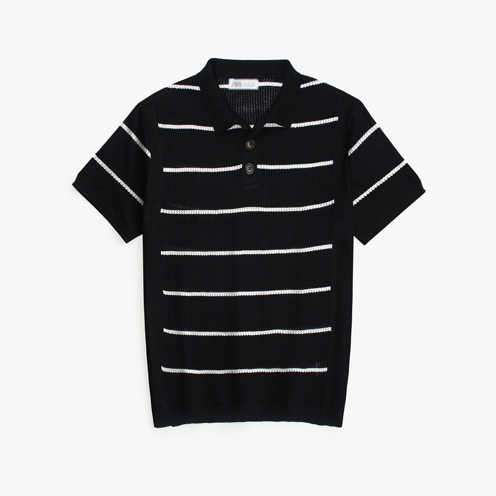 ZRA PREMIUM HROIZONTAL STRIPE CABEL-KNIT POLO BLACK