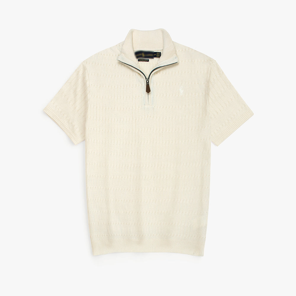 RL PREMIUM CABEL-KNIT ZIPPER POLO CREAM