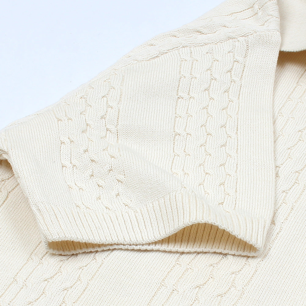 ZRA PREMIUM CABEL-KNIT V NECK POLO CREAM