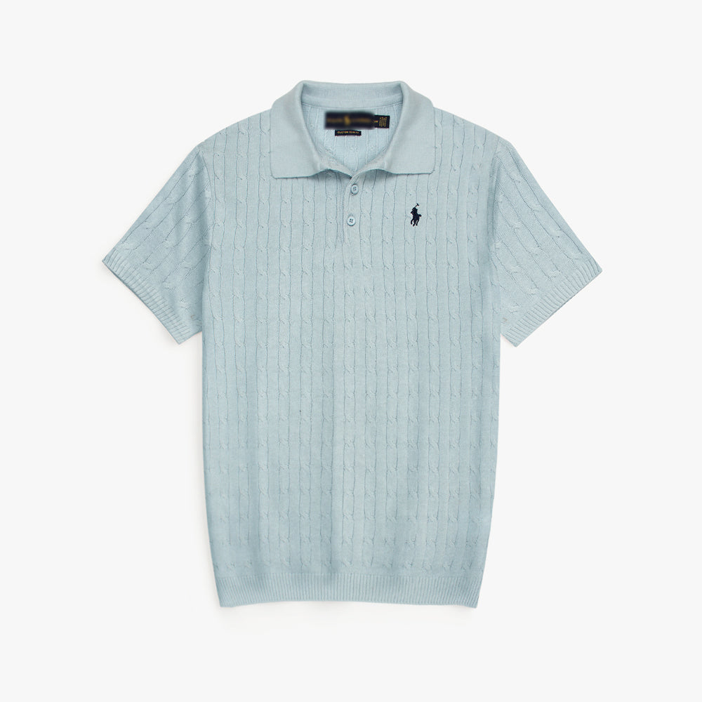 RL PREMIUM CABEL-KNIT BTN POLO SKY