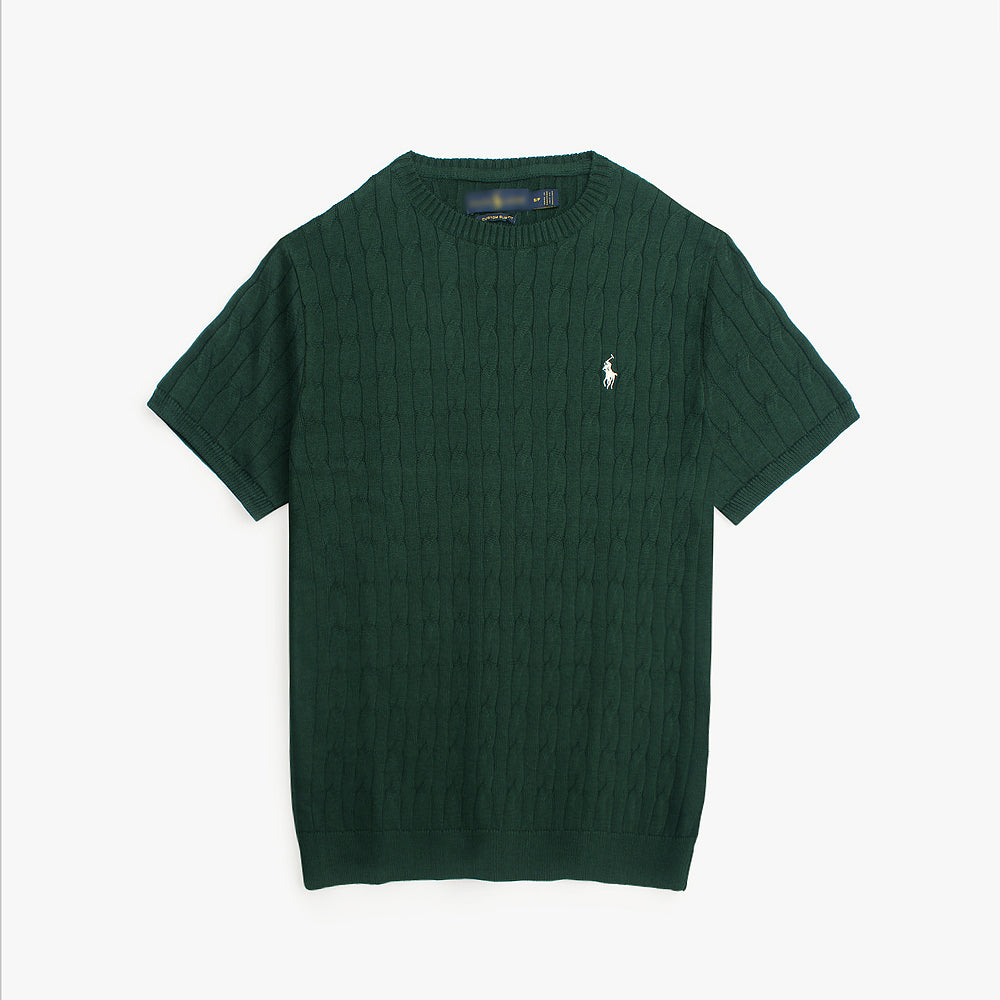 RL MEN COTTON PREMIUM IVY CREW CABLE KNIT DK GREEN