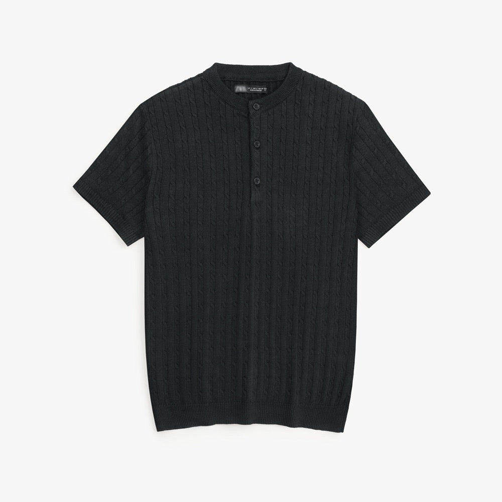 ZRA PREMIUM CABLE KNIT HENLEY MEN ROYAL BLACK