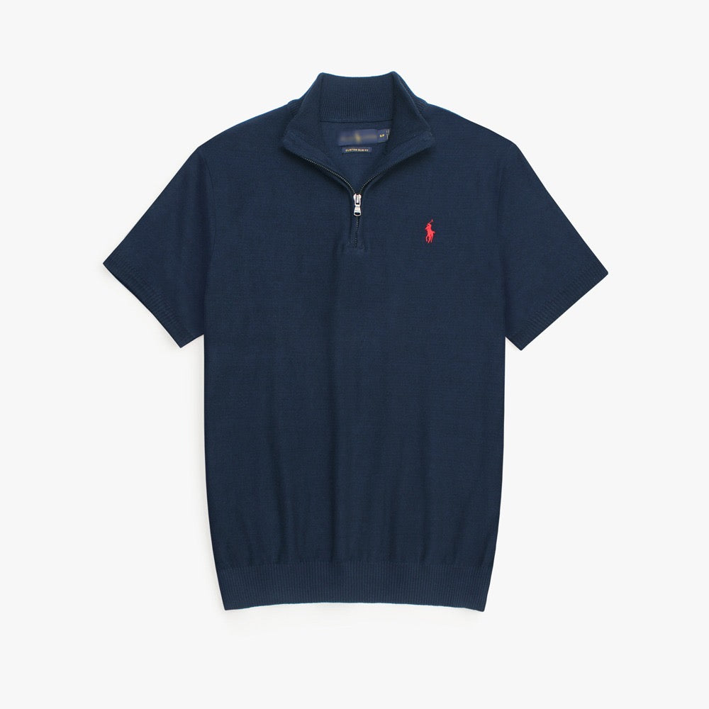RL PREMIUM COTTON CABEL-KNIT ZIPPER POLO NAVY