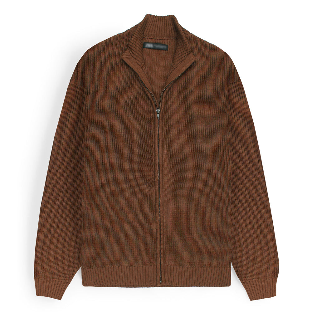 ZRA MEN SUPREME CASHMERE ZIPPER CABLE KNIT BROWN