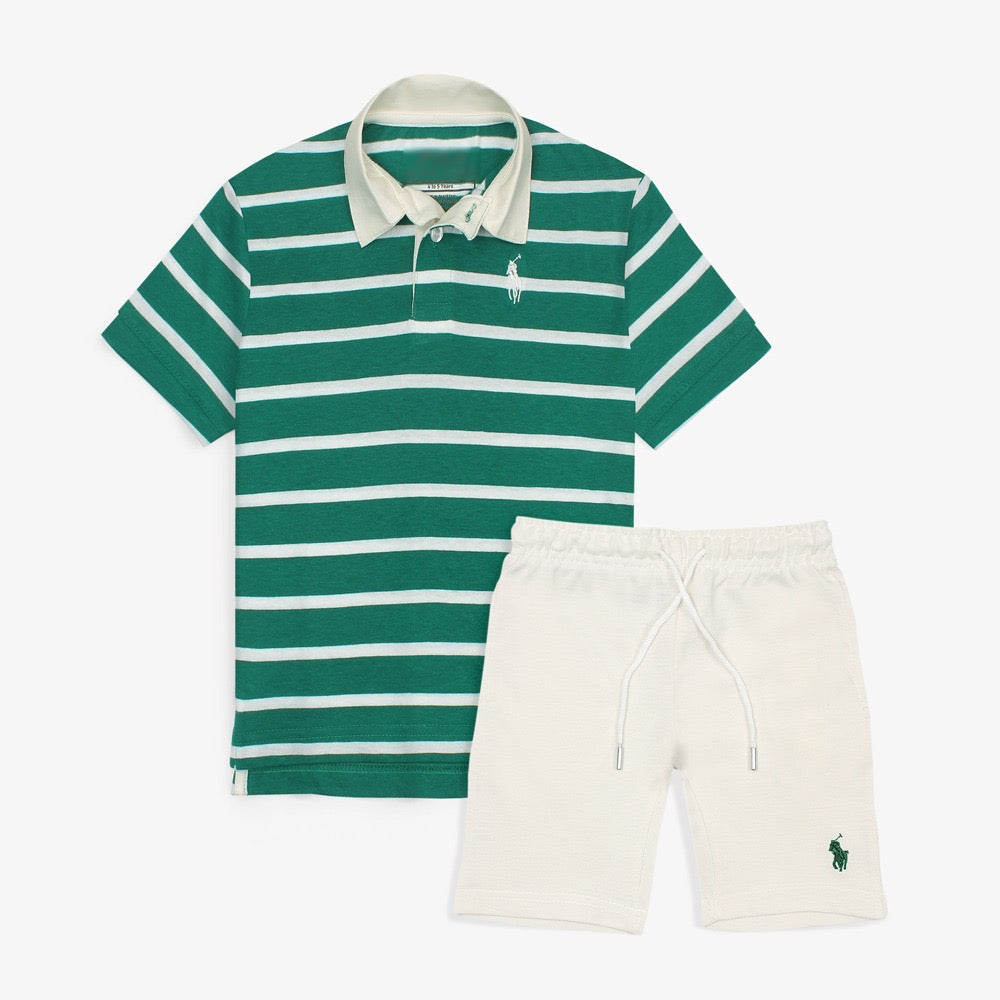 R-L PREMIUM KIDS STRIPE TWIN SET GREEN-WHITE