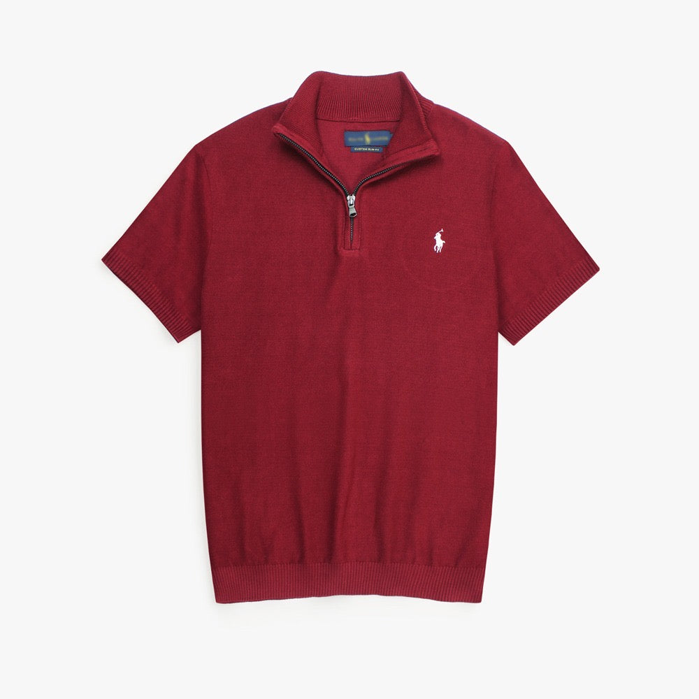 RL PREMIUM COTTON CABEL-KNIT ZIPPER POLO MAROON